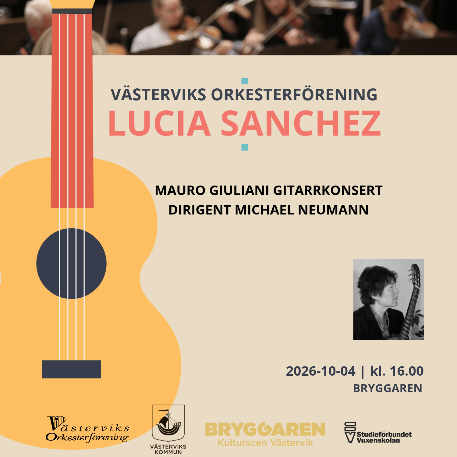 På bilden ser man en tecknad gitarr mot en beige bakgrund