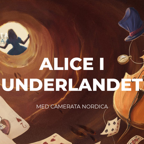 Man ser hur Alice tittar ner i öppningen till Underlandet. På bilden syns spelkorten och en cello.