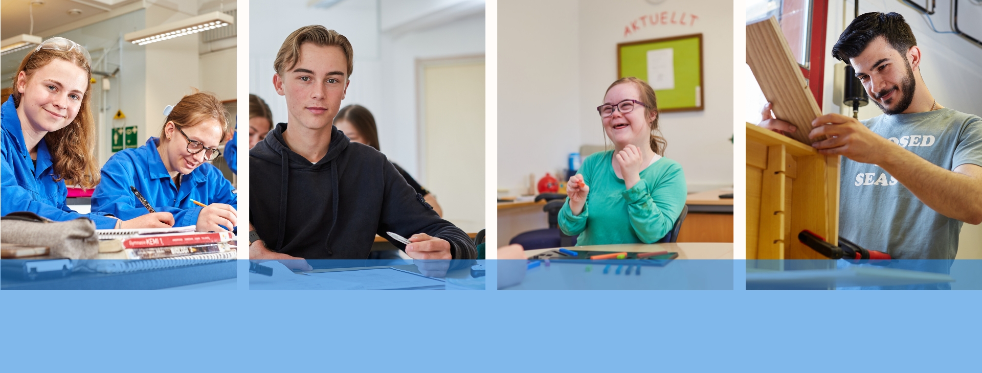 första bild, två elever som sitter i blåa rockar, Bild två en pojke i svart tröja. Bild tre en tjej med en grön tröja som skrattat. Bild fyra en pojke som arbetar med trä.