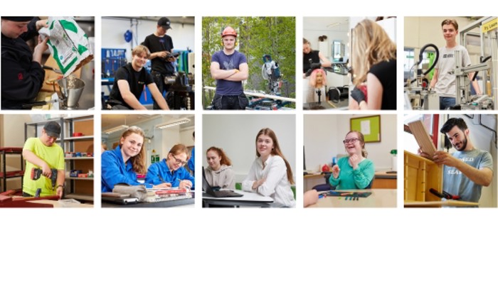 Västerviks gymnasium med blommande körsbärsträd. 