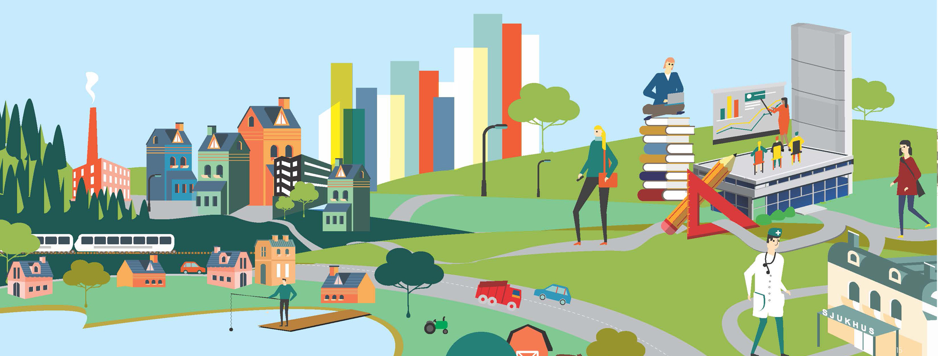 En tecknad bild på en stad med liv och rörelse.