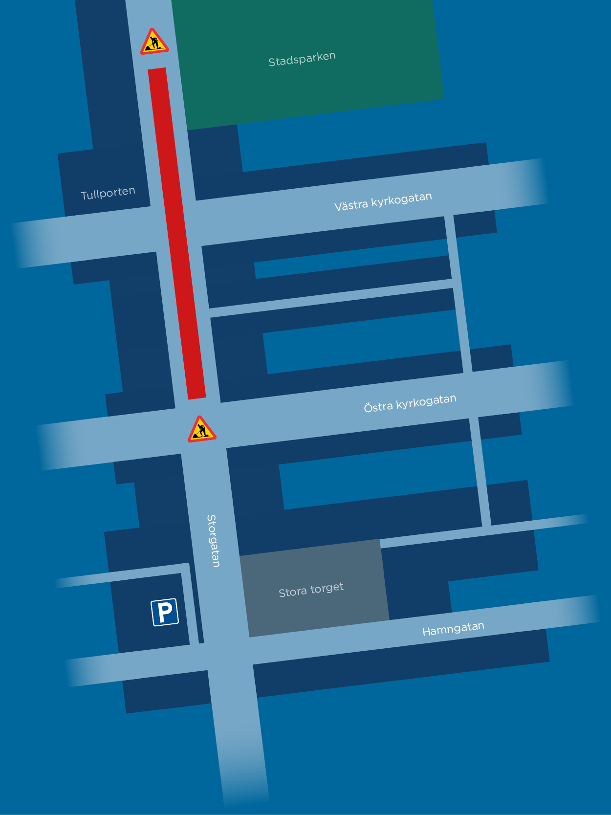 Kartbild över vägavstängningen på Storgatan.