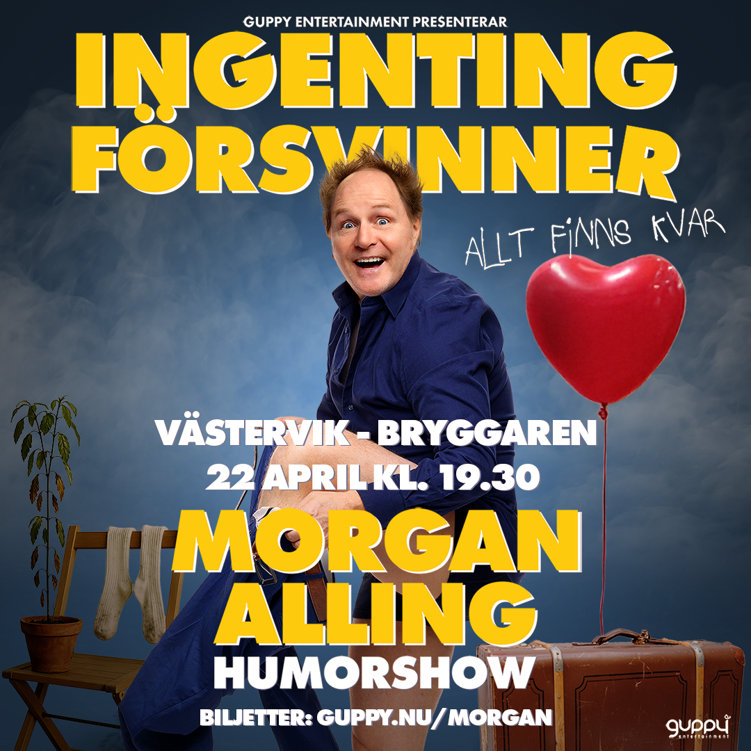 Morgan försöker få på sig byxorna. Bredvid honom hänger en röd ballong formad som ett hjärta