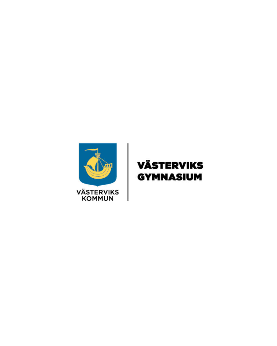 Logotyp för Västerviks kommun, ett enmastat skepp i guld på en blå sköld och texten Västerviks kommun. 