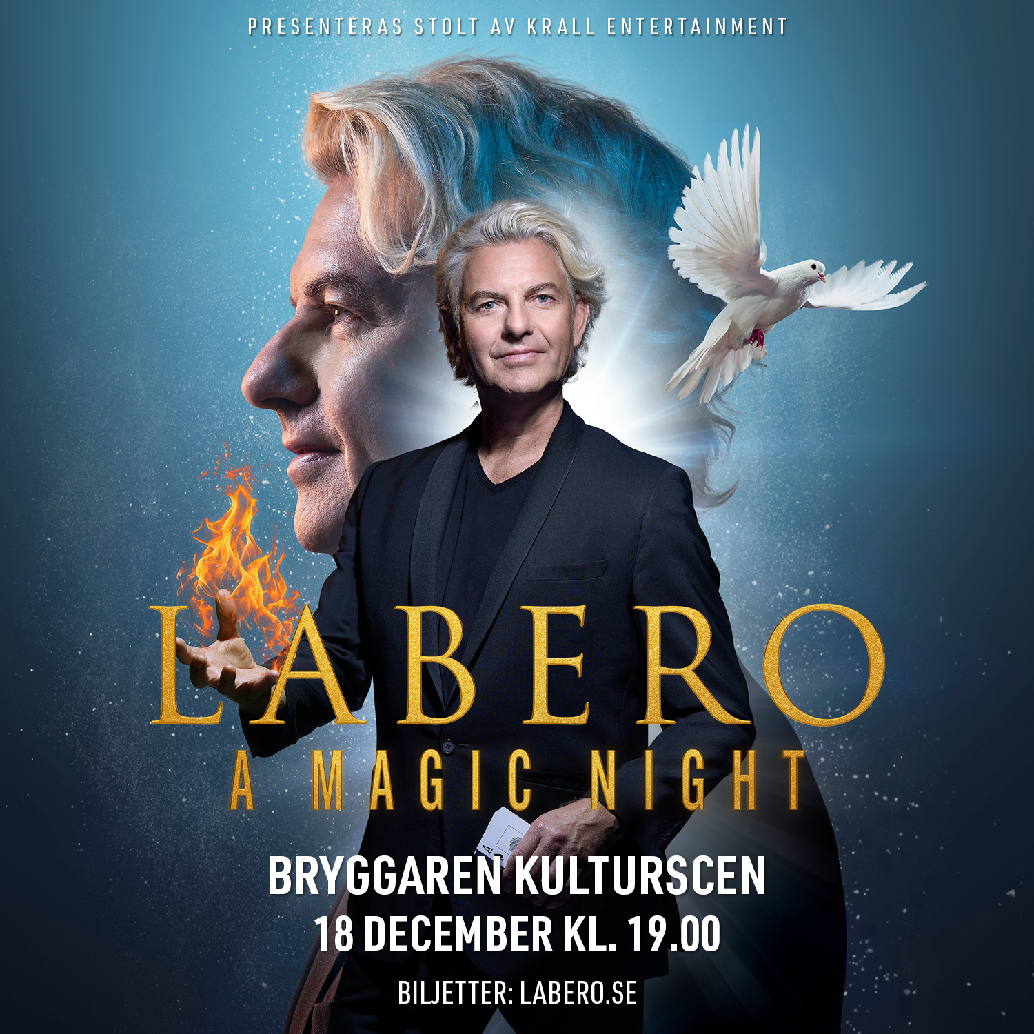 Joe Labero står mot en mörkblå bakgrund. Han släpper en duva från sin hand