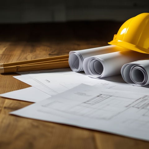 En ritning, en blyertspenna och en gul bygghjälm