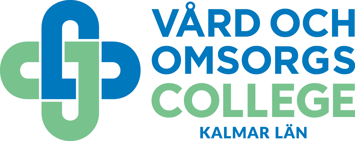 Bilden visar vård- och omsorgscollege logga som är två hjärtan i blått och grönt som korsar varandra. 