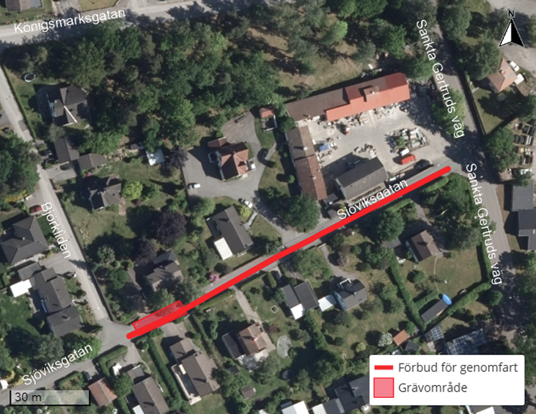 Bild på en karta som visar avstängning på Sjöviksgatan i Västervik d