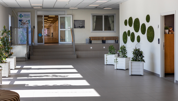 ett fotografi på Västerviks gymnasiums huvudentre och dess gröna växter.