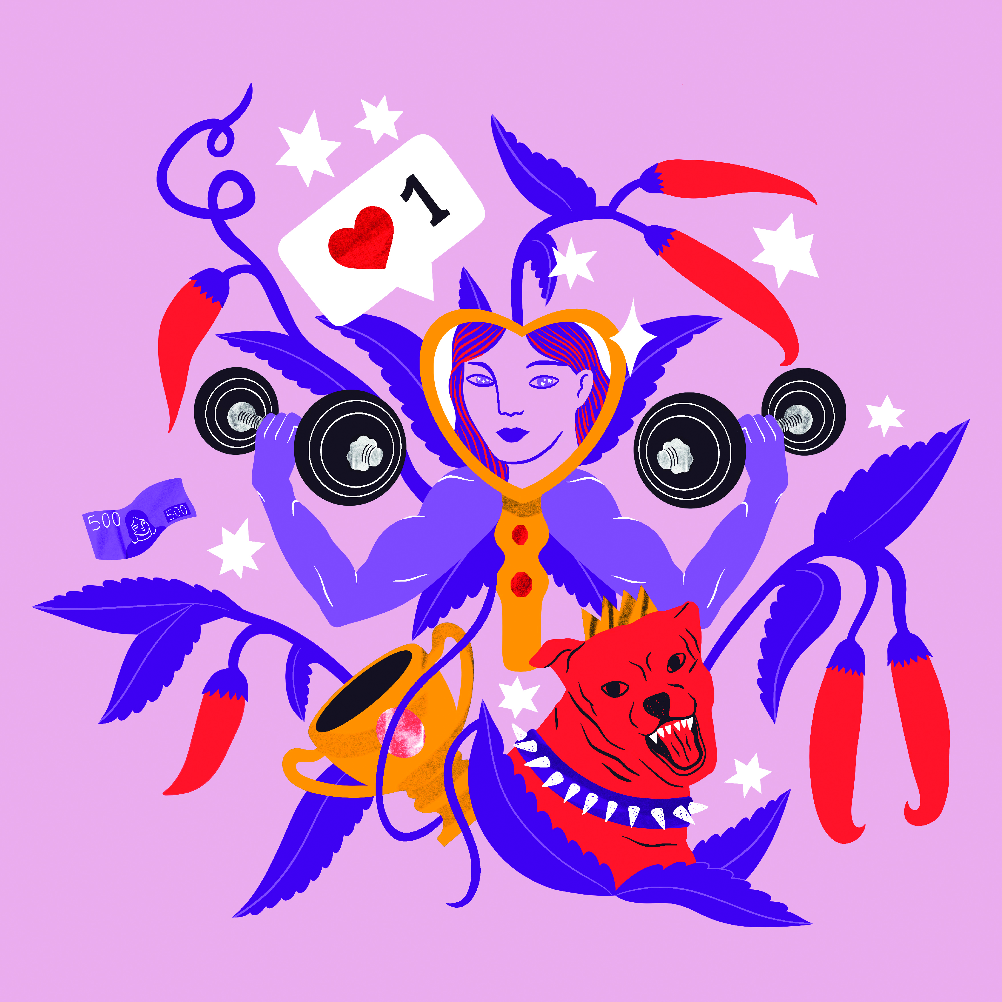 Bildtolkning: En bild på ett mönster i rosa, lila och rött. Det innehåller chilifrukter, en muskelhund med vasst halsband, ett ansikte i ett hjärta, en like, muskulösa armar som håller i hantlar med mera. 