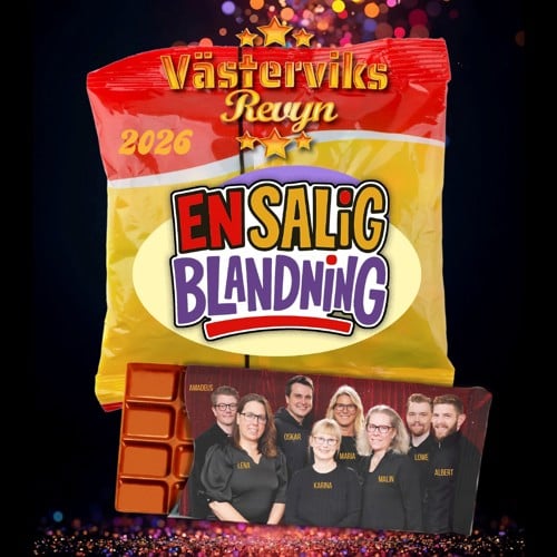 Alla i revyn är chokladbitar i en chokladkaka, de står framför en godispåse.