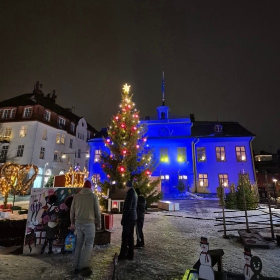 Rådhuset upplyst i färger på kvällen.