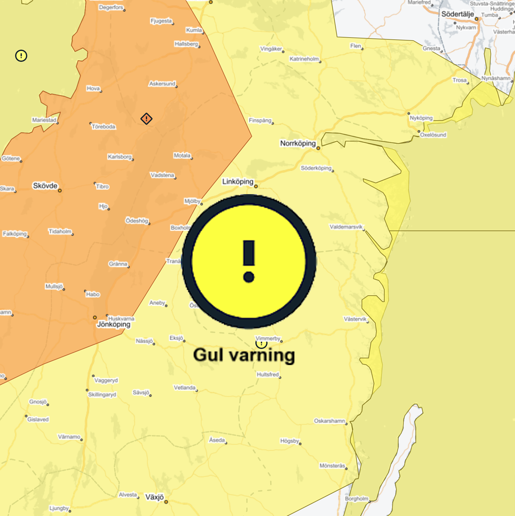 Vädervarning gul vind Västerviks kommun 5 och 6 april 2026 med varningssymbol - uppdaterad 5 april