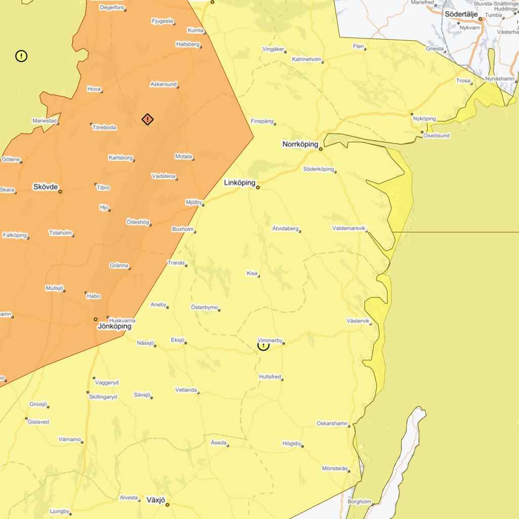 Karta med utbredning av gul vädervarning för vind 5 och 6 april - uppdaterad 5 april