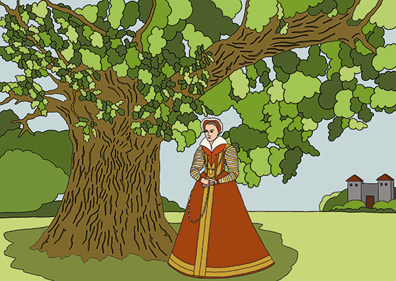 Kvinna under stor ek, illustration.