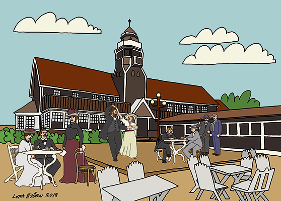 Byggnad med torn och människor som fikar och dansar framför, illustration. 