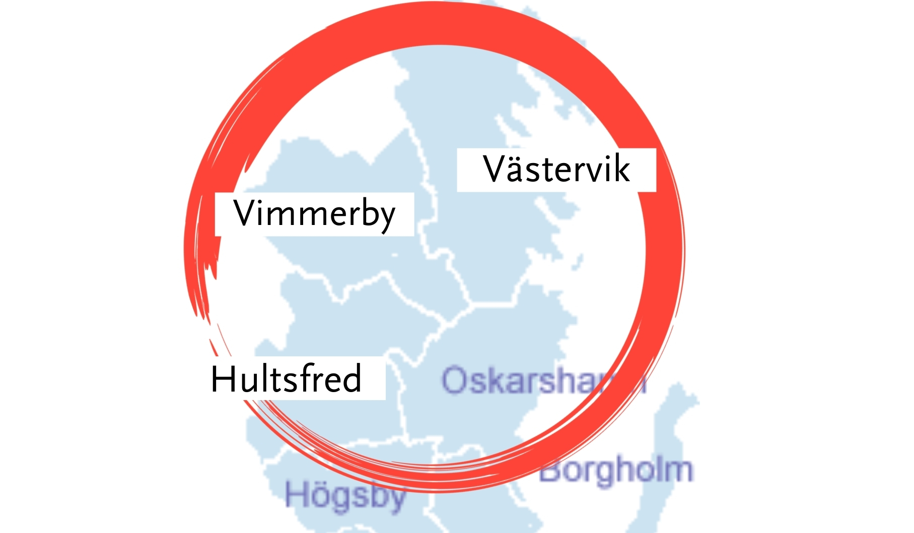 Karta över regional samverkan mellan Västervik, Vimmerby och Hultsfreds kommun.
